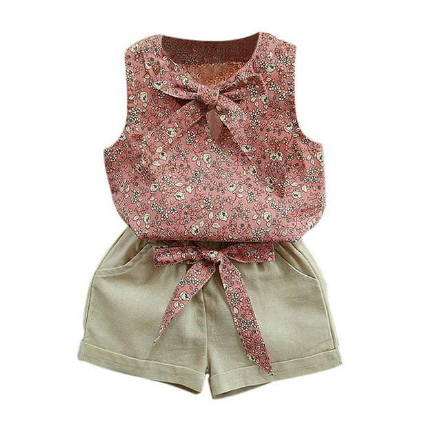 2PCS Toddler Baby Girls Floral Sleeveless Strappy Tops Floral Shorts Outfits Bandage Short Tops Set 